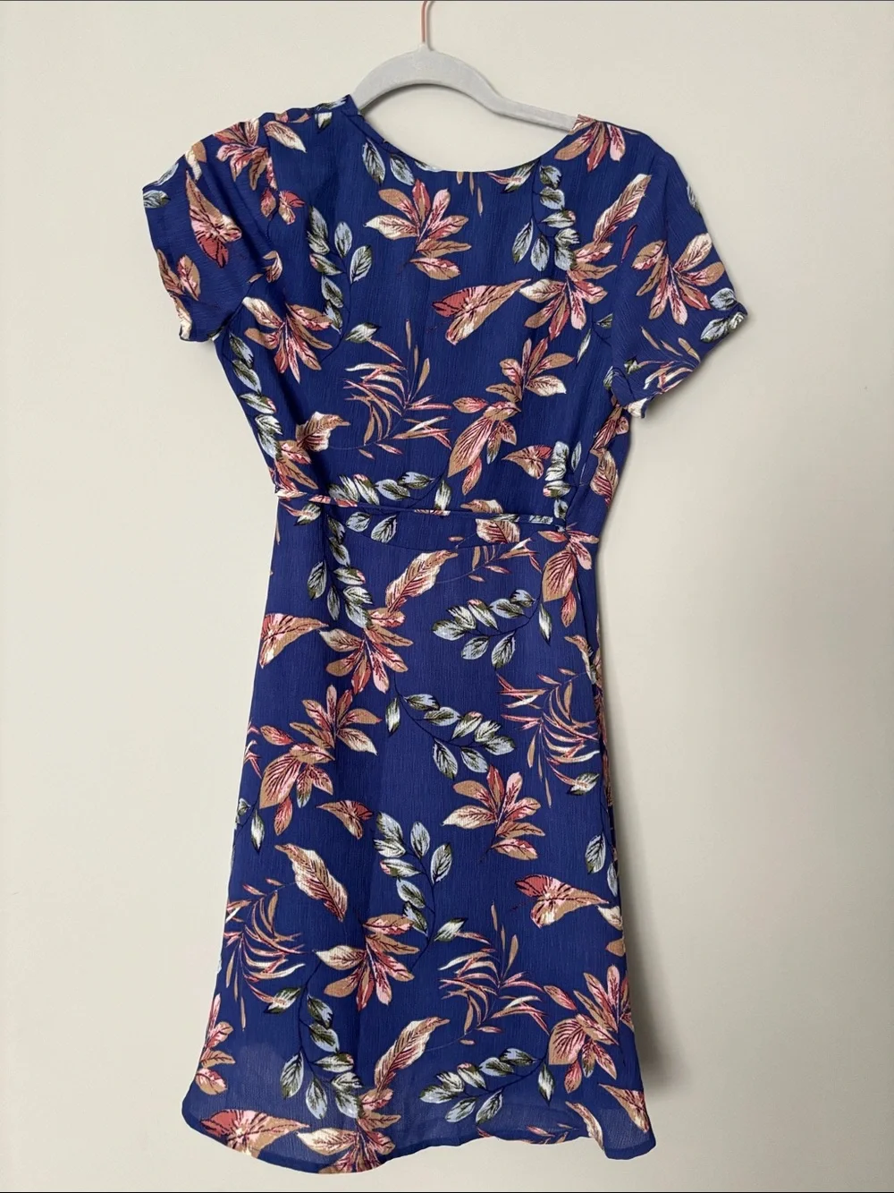 Lush Blue Floral Wrap Mini Dress with Pink & Cream Leaves